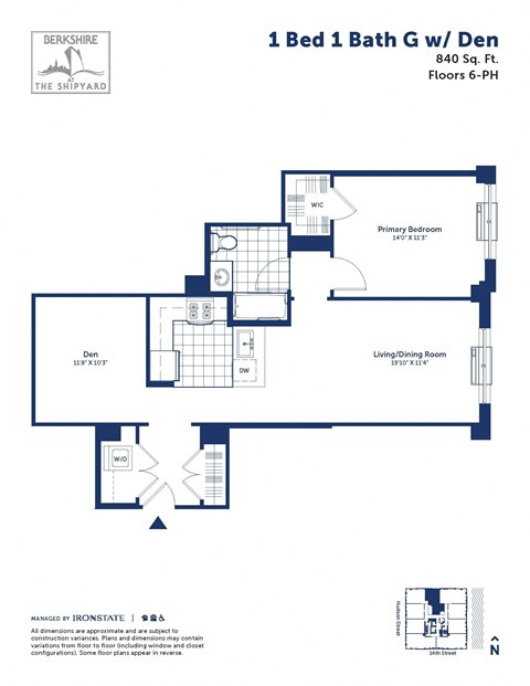 the floor plan of 1 bed 1 bath g  w den